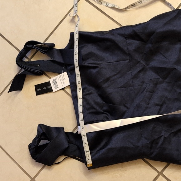 NWT Alfred Sung Satin Fit Flare Maxi Dress Gown Shoulder Bows Midnight Navy 16 - Picture 8 of 11